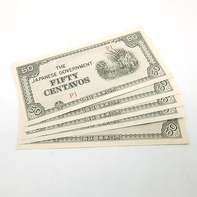 Five WWII Japanese Government Fifty Centavos Banknotes