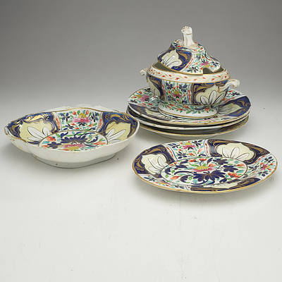 Group of Early Victorian Hand Painted and Polychromed Porcelain, Plate with Antique Staple Repairs