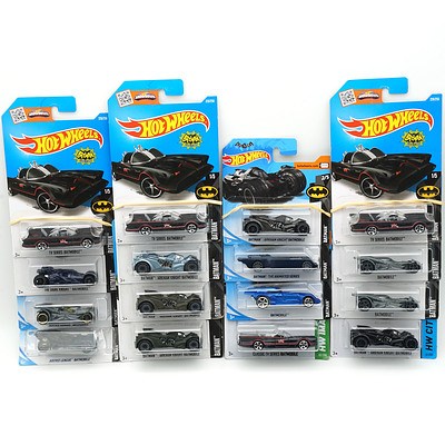 Sixteen Hot Wheels Batman Model Cars, Including Dark Knight, Justice League, Classic TV Series and More 