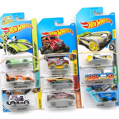Nine Hot Wheels Model Cars, Including Dune It Up, Twin Mill and More 