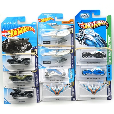 Nine Hot Wheels Pop Culture Themed Model Cars, Including Halo, Max Steel, and Star Trek