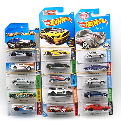 Fifteen Hot Wheels Model Cars, Including Aston Martin DB10, Porsche Carrera GT, Tesla Model S