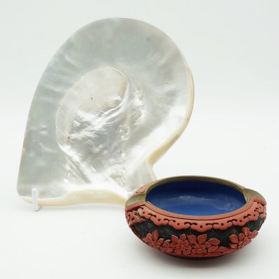 Vintage Chinese Cinnabar Ashtray and a Mother of Pearl Shell