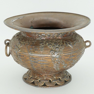 Vintage Asian Copper Spittoon with Lattice, Vine and Grape Decoration