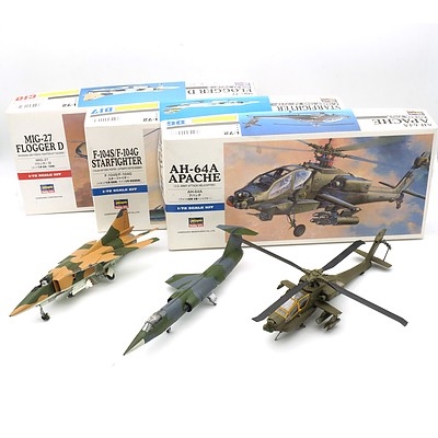 Three Hasegawa Model Kit in Varied Build Stages, Including AH-64A Apache, F-104G Starfighter and MIG-27 Flogger