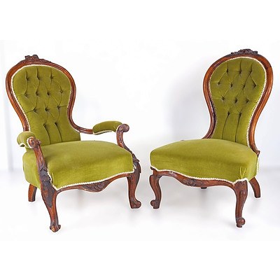 Pair of Victorian Mahogany Grandmother and Grandfather Chairs Circa 1880