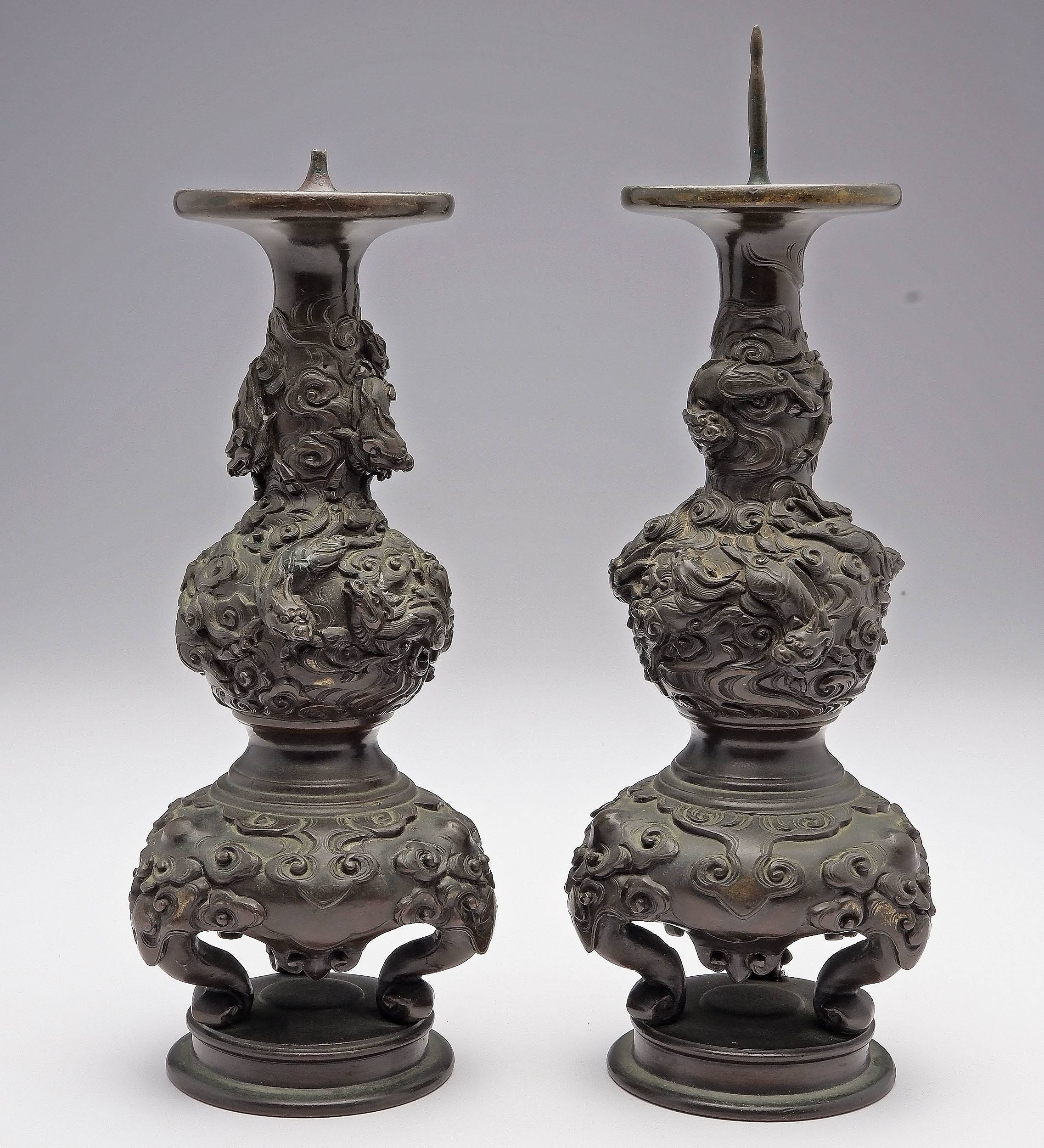 'Pair of Japanese Cast Bronze Dragon Candlesticks Meiji Period 1868-1912'