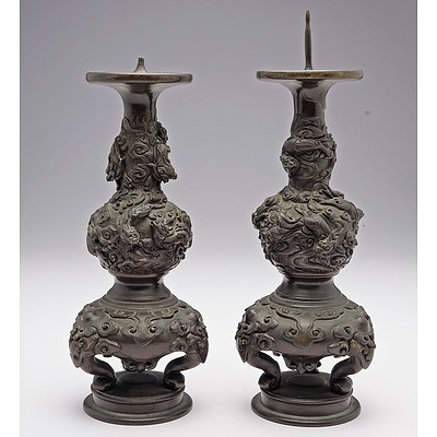 Pair of Japanese Cast Bronze Dragon Candlesticks Meiji Period 1868-1912