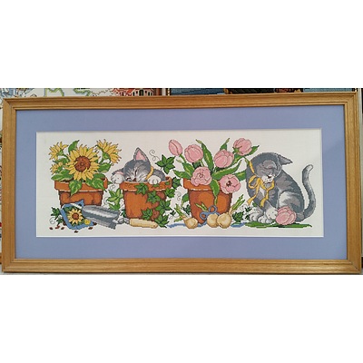 Framed Cross Stitch/Tapestries and Plastic Block Pictures - Lot of 10