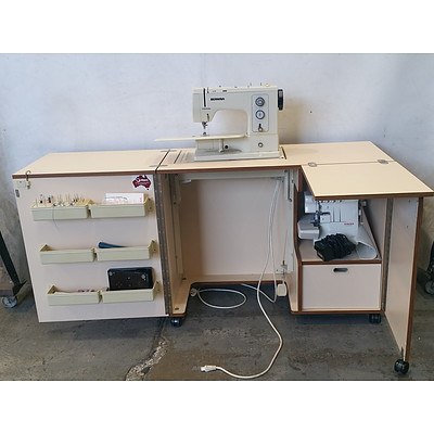 Horn Sewing Cabinet With Bernina Sewing Machine and Singer Overlocker