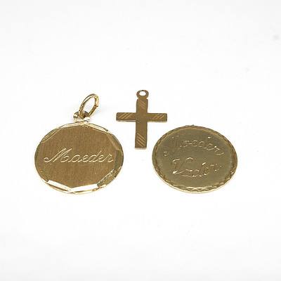Two 14ct Yellow Gold Engraved Discs and 9ct Yellow Gold Cross