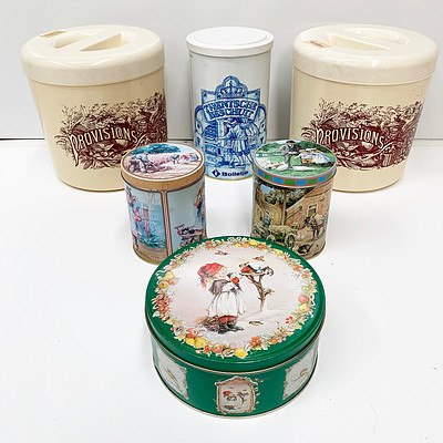 Group of Vintage Tins and Plastic Storage Containers