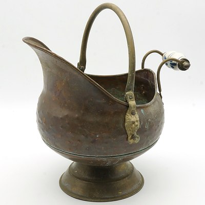 Small Beaten Copper Coal Scuttle with Painted Porcelain and Lion Head Detailing