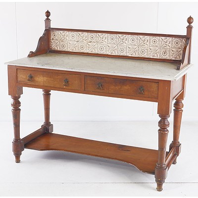 Large Edwardian Mahogany Tile Back and Marble Top Washstand Early 20th Century