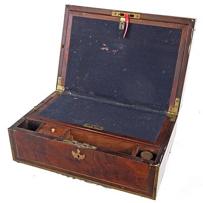Early Victorian Brass Bound and Line Inlaid Mahogany Writing Box Circa 1840