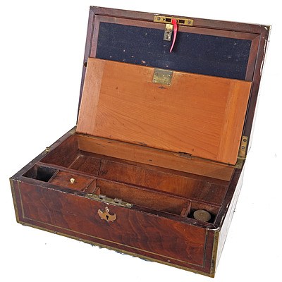 Early Victorian Brass Bound and Line Inlaid Mahogany Writing Box Circa 1840