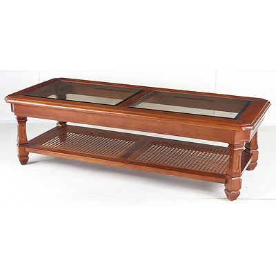 Companion American Cherrywood and Cane Coffee Table and Lamp Table with Bevelled Glass Tops, Probably Drexel