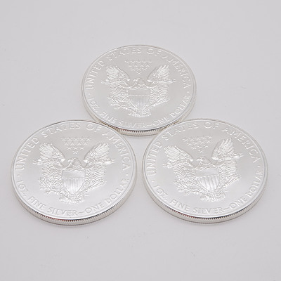 Three 2011 United States of America 1 oz Fine Silver $1 One Dollar Coins