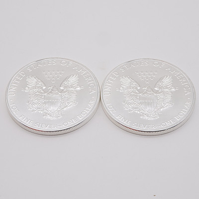 Two 2011 United States of America 1 oz Fine Silver $1 One Dollar Coins