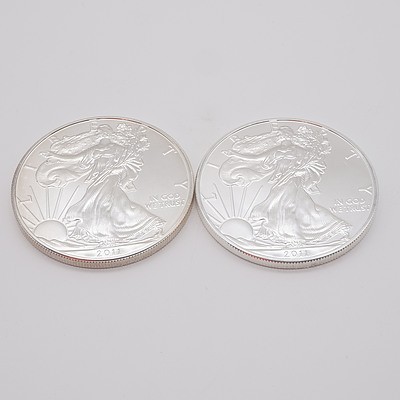 Two 2011 United States of America 1 oz Fine Silver $1 One Dollar Coins