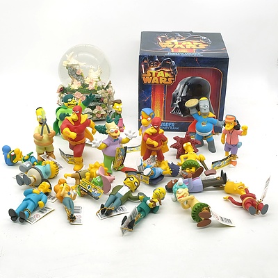 Large Group of Simpsons Figures, Star Wars Money Bank and Snow Globe