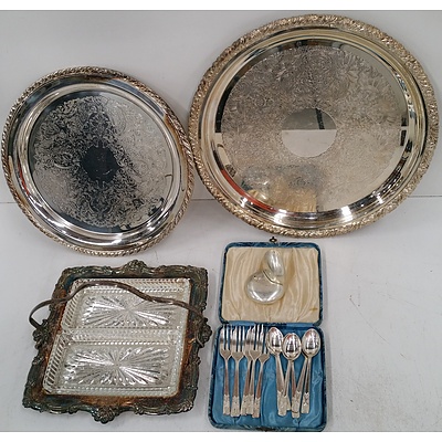 Silver Plated Tray, Plates, Cutlery, Salt and Pepper Shakers