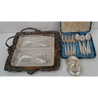 Silver Plated Tray, Plates, Cutlery, Salt and Pepper Shakers