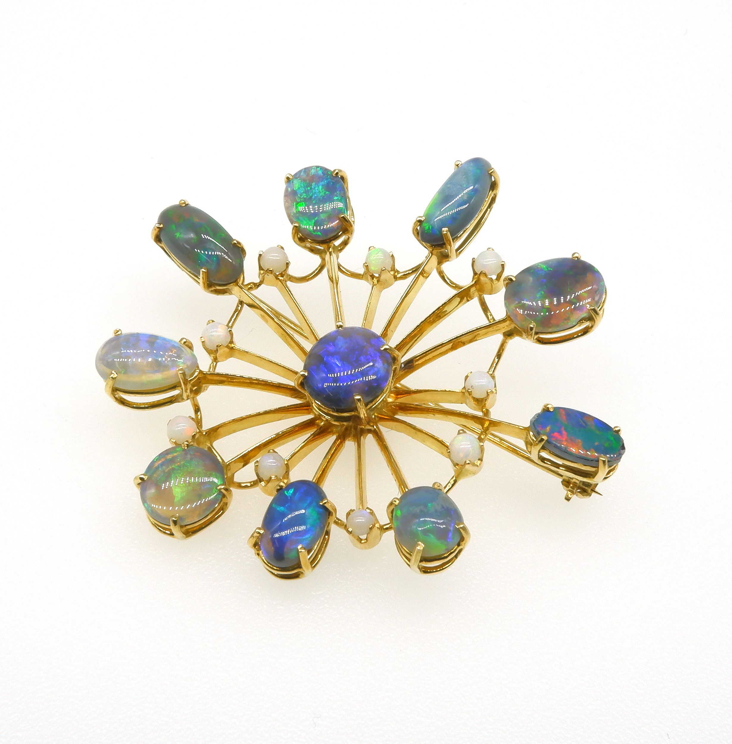 '18ct Yellow Gold Spiders Web Style Opal Brooch with Good Play of Colour'