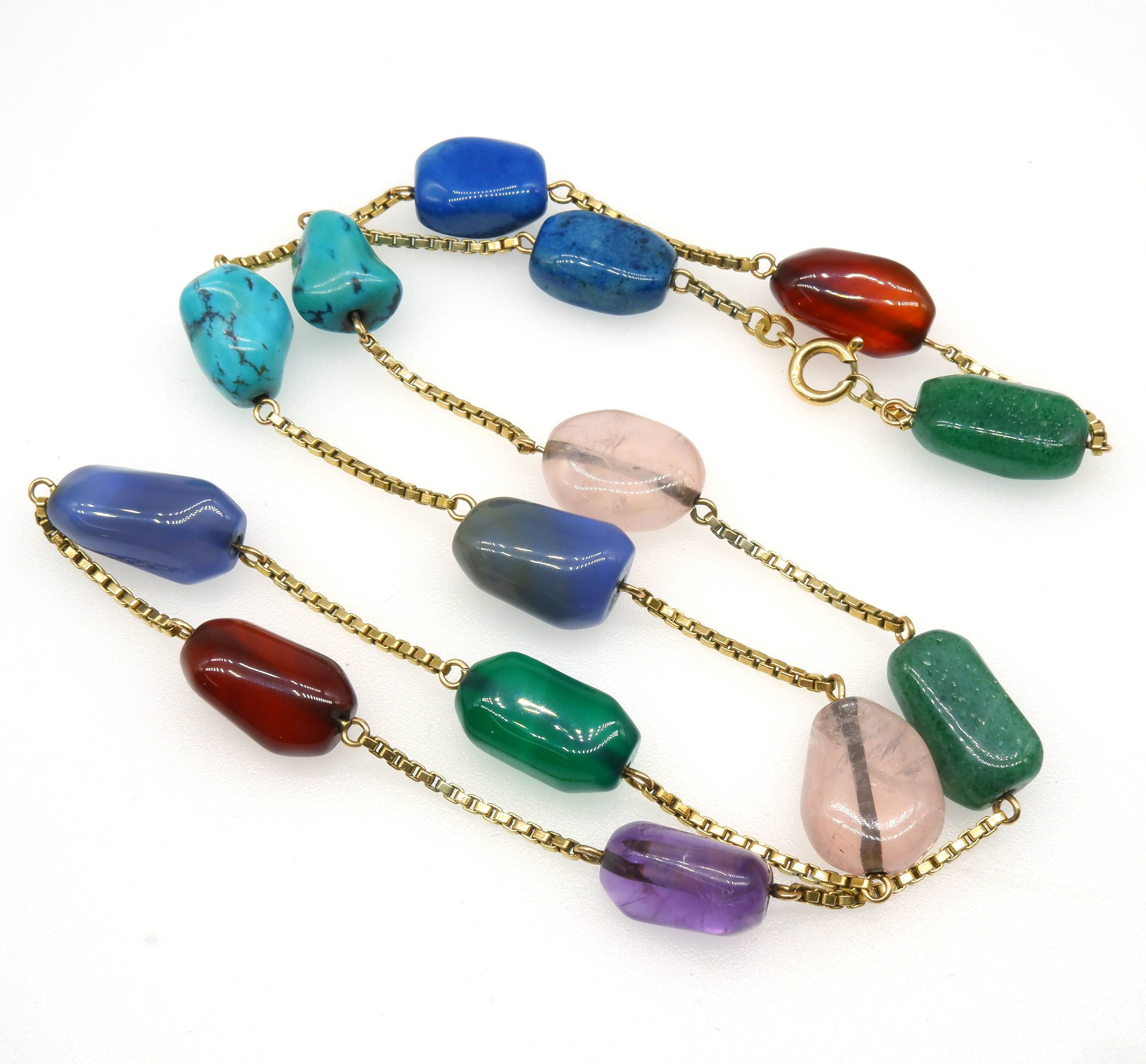 '18ct Yellow Gold Box Chain with Fourteen Tumbled Natural Gem Stone Links'
