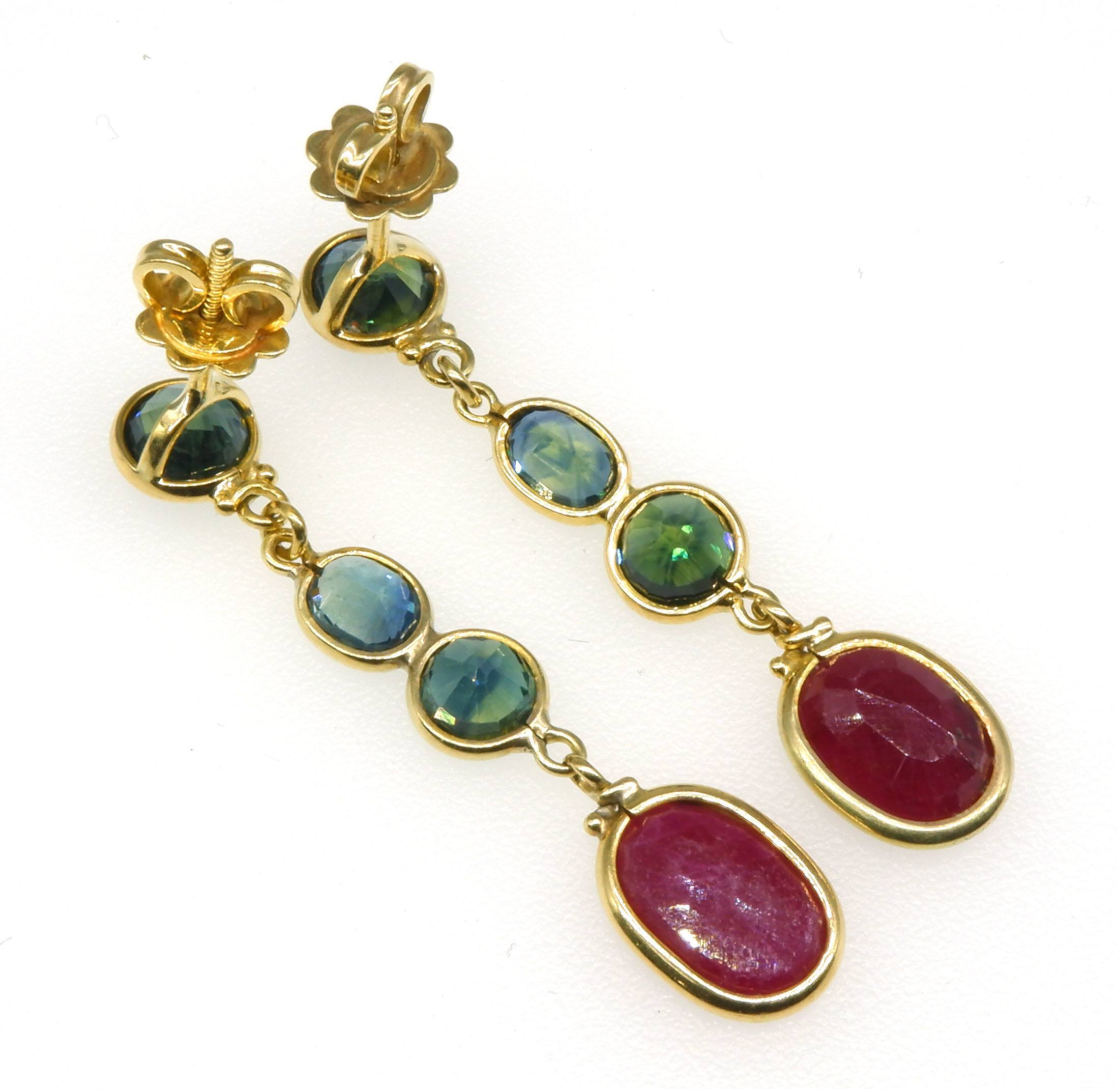 '18ct Yellow Gold Australian Blue/Green Parti Sapphire and Ruby Drop Earrings'
