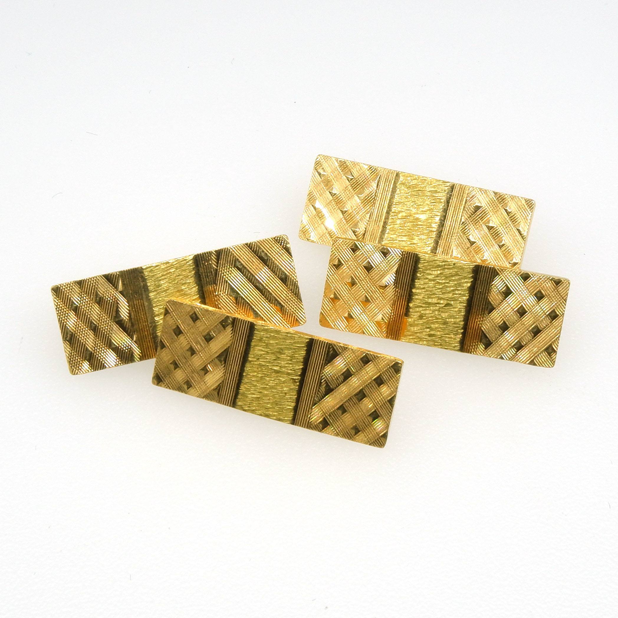 'European 18ct Yellow Gold Rectangular Plate Two Tone Double Sided Cufflinks with Patterned Finish Circa 1960s'