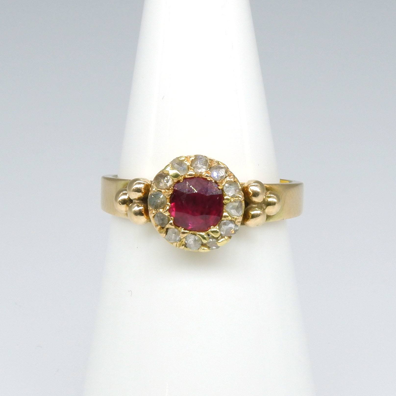 'Antique 9ct Yellow Gold Round Cluster with Cushion Cut Natural Pink/Red Ruby and Twelve Rose Cut Diamonds Ring'