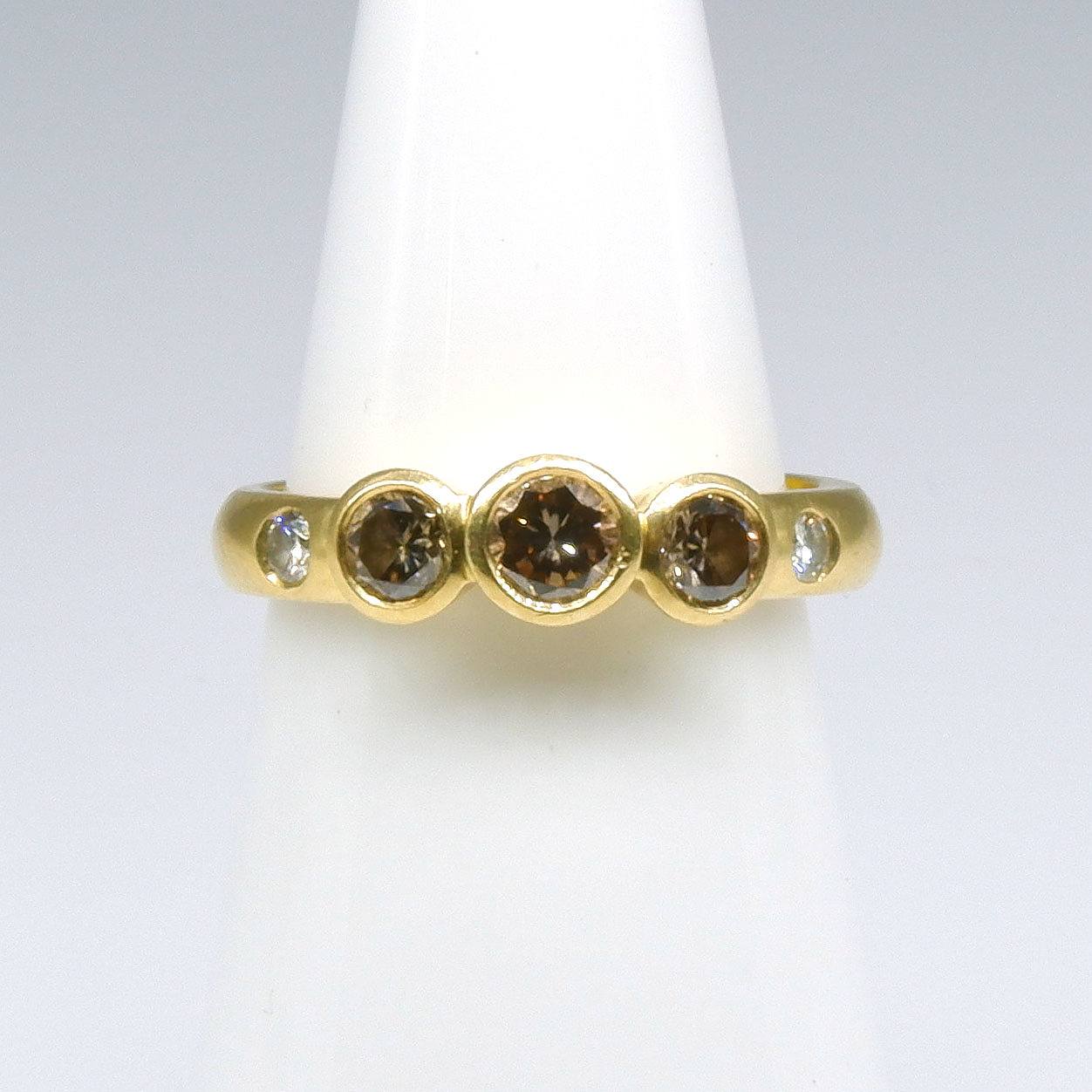 '18ct Yellow Gold Five Diamond Ring With Three Cognac Diamonds in Bezel Setting and Two White Diamonds Set into The Band'