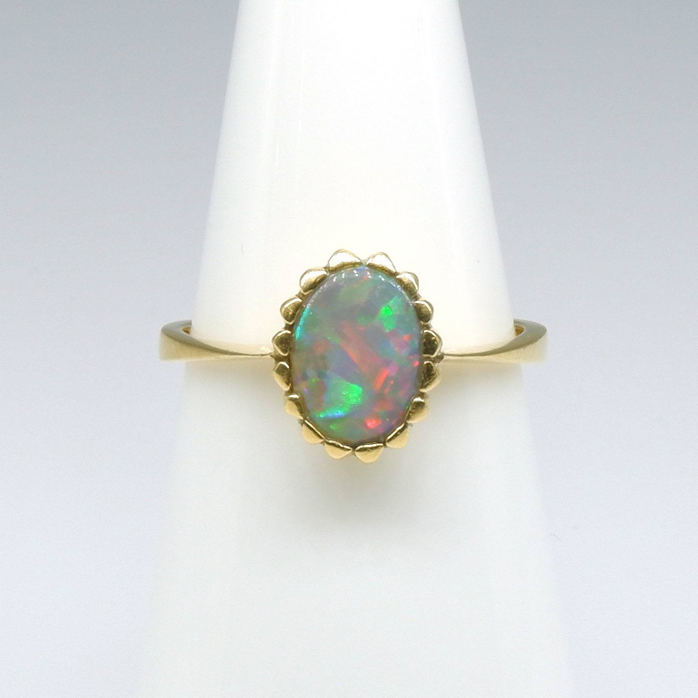 '18ct Yellow Gold Solid Dark Opal Ring with Good Play of Colour, Including Red'