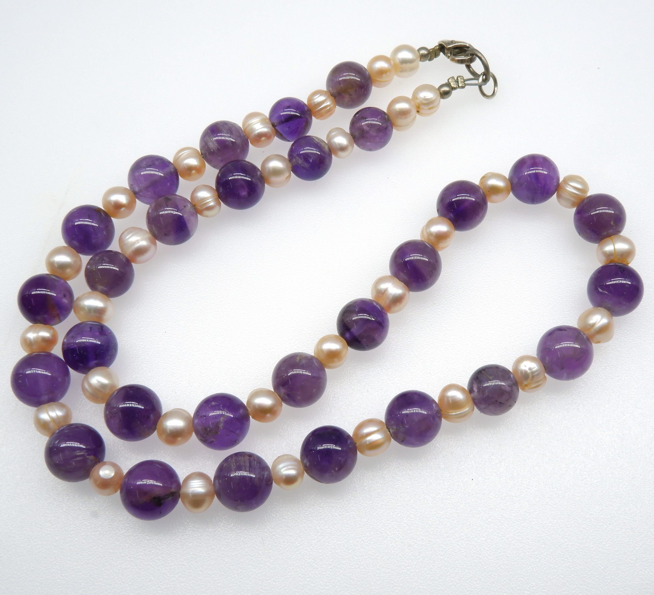'Round Amethyst Beaded Necklace Alternating with Pale Pink Freshwater Pearls'