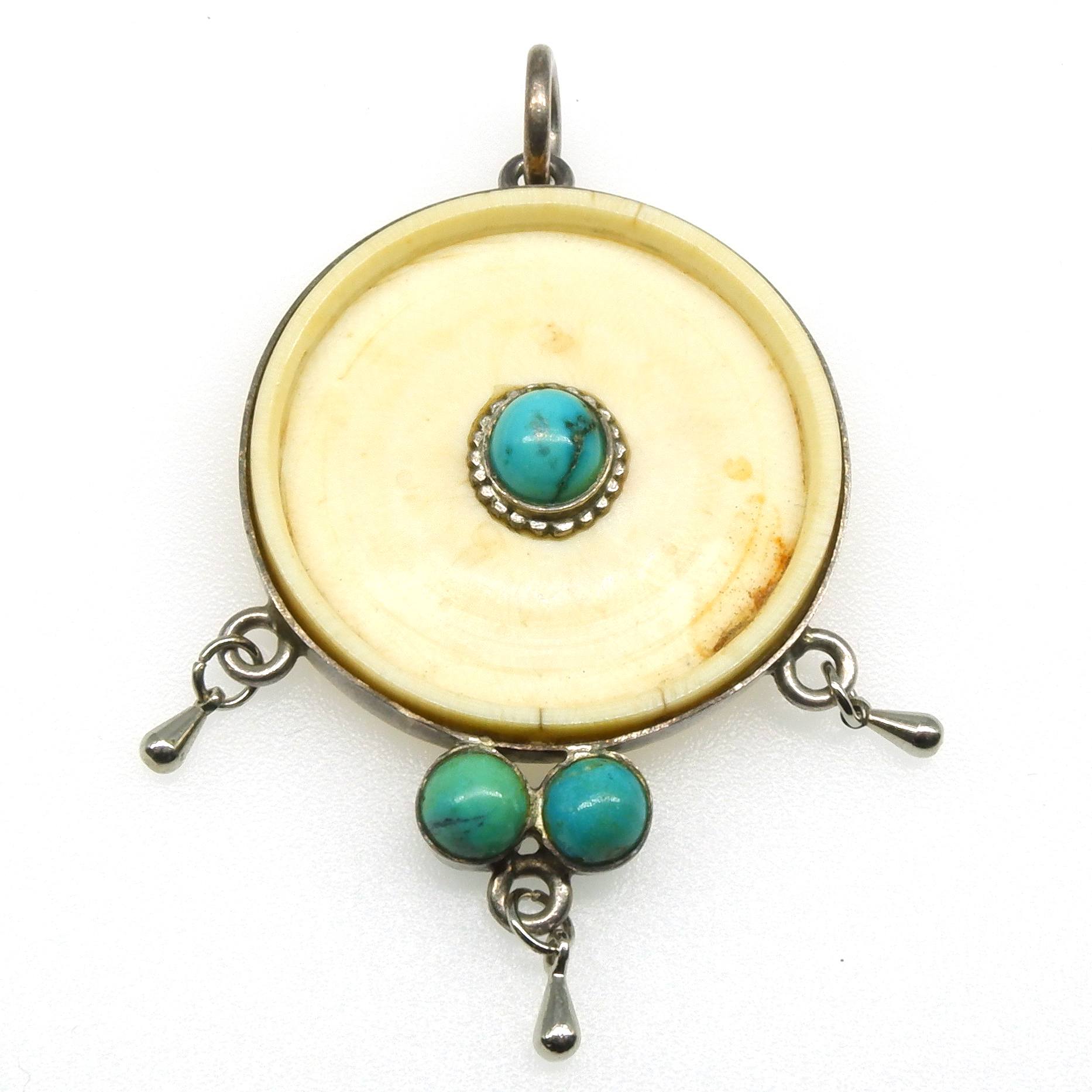 'Antique Ivory Disk With Centre Turquoise Cabochon Pendant in Bezel Setting and Two Turquoise at the Base in Silver'