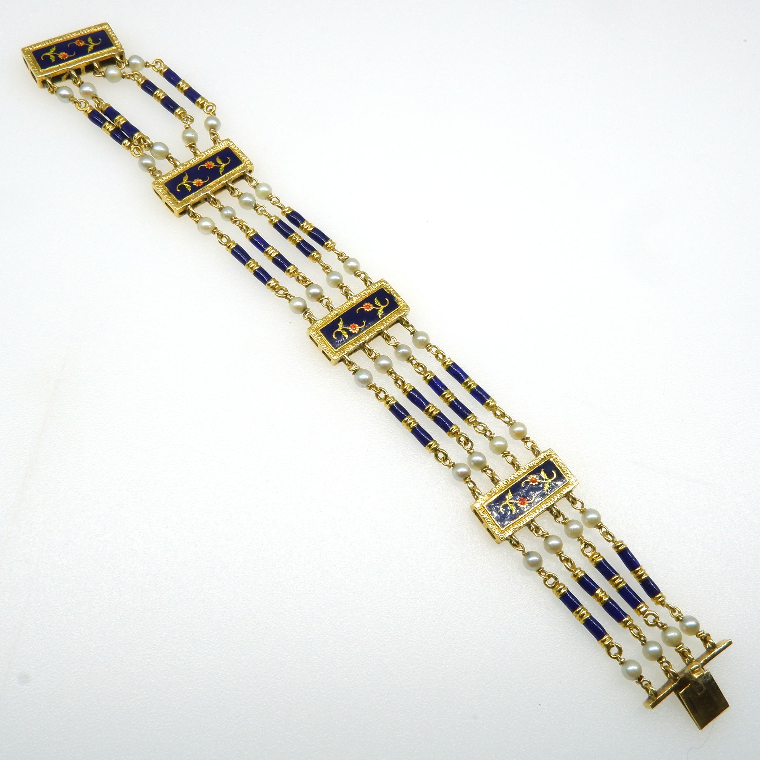 '18ct Yellow Gold Four Row Gatelink Bracelet, Bars with Coloured Enamel Flowers and Blue Enamel Links with a Round Cultured Pearl at Each End'