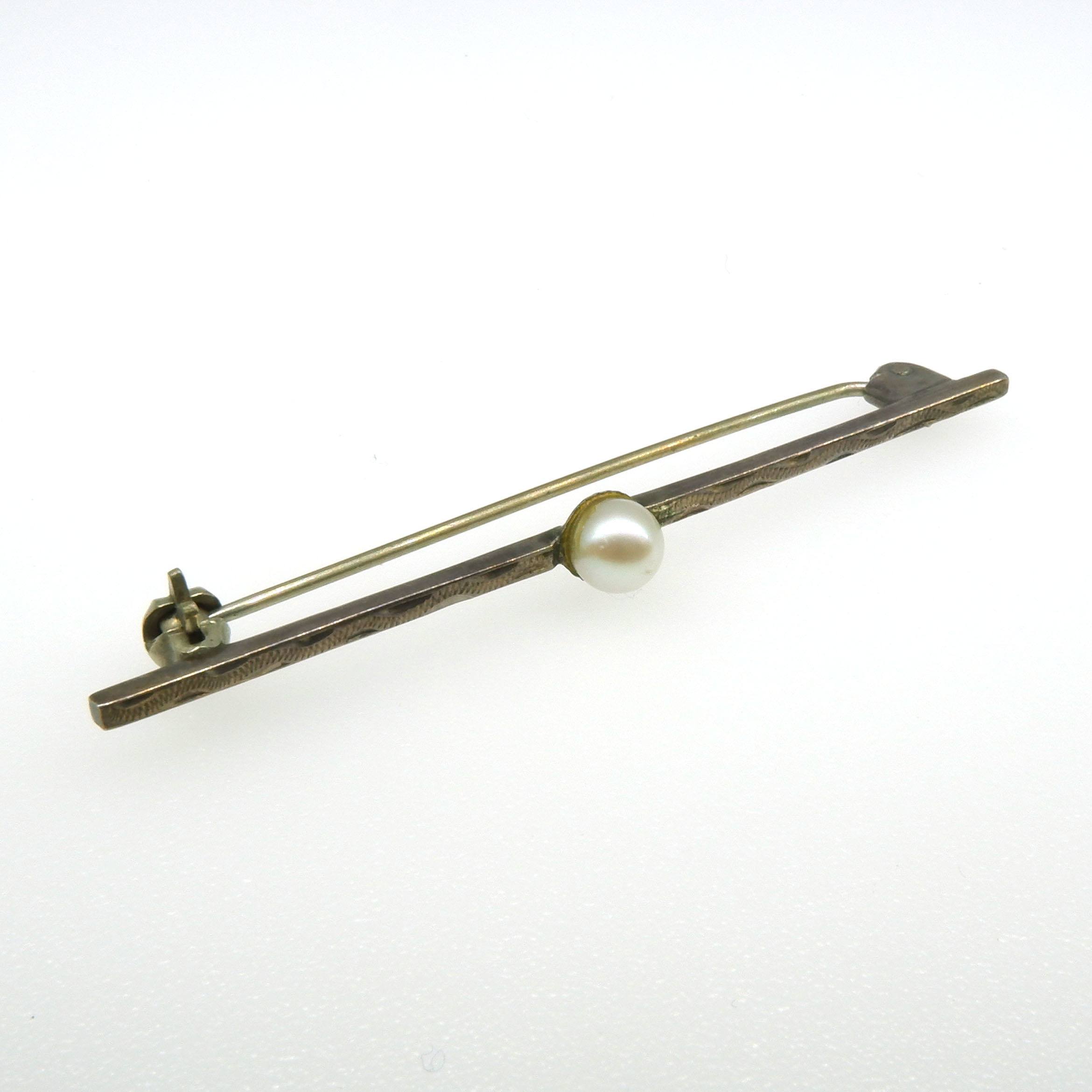 'Patterned Silver Bar Brooch With Centre Cultured Pearl'