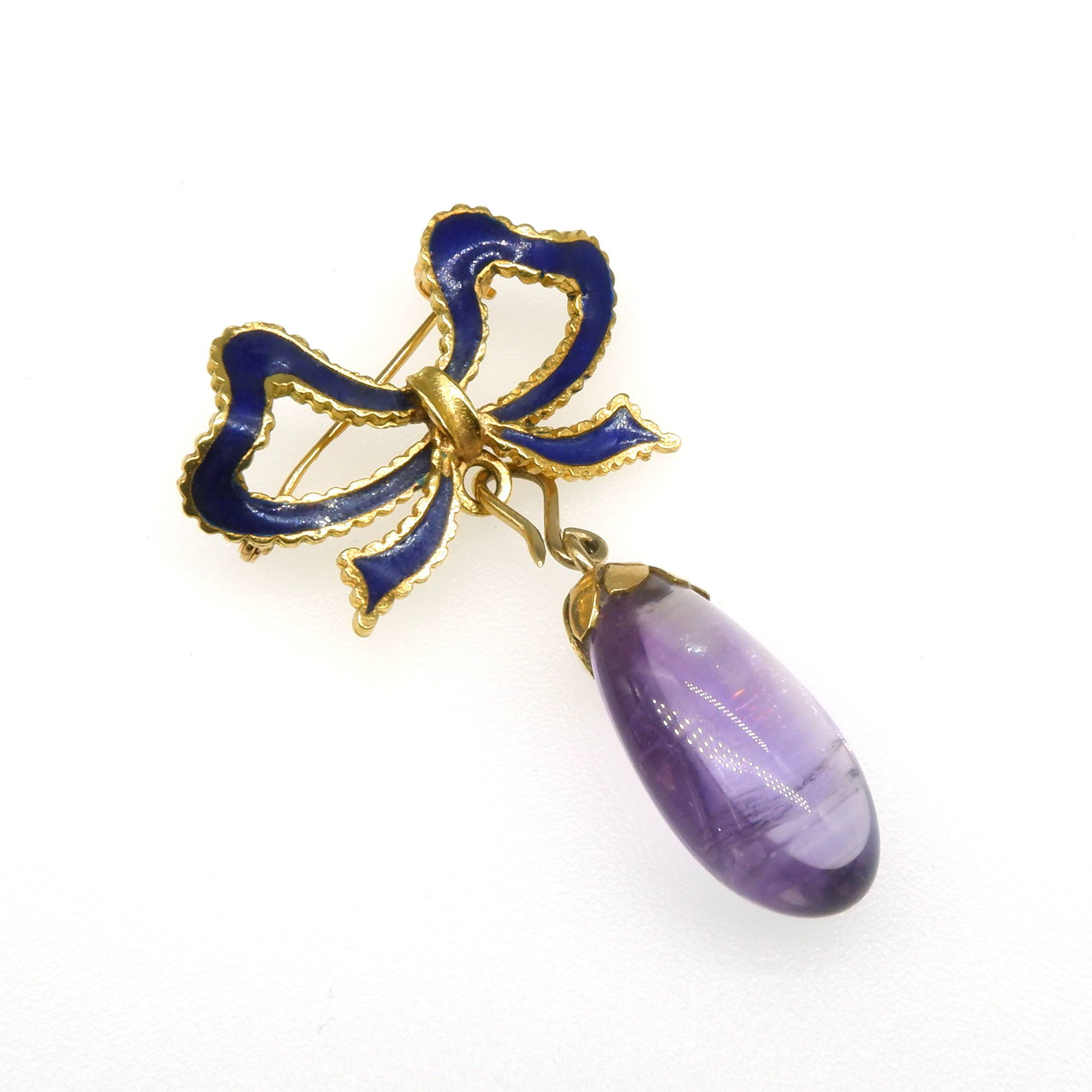 '18ct Yellow Gold Blue Enamel Bow Brooch with Dropped Freeform Amethyst Bead Pendant'