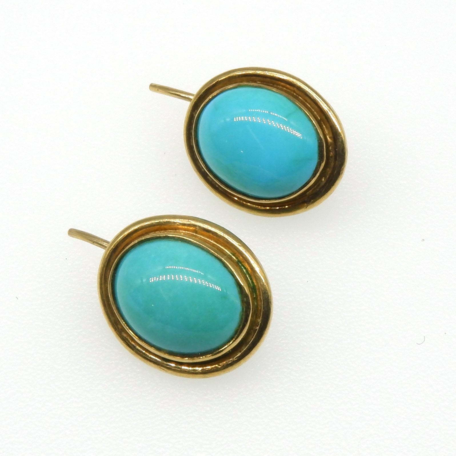 '9ct Yellow Gold Earrings with Oval Turquoise Cabochon'