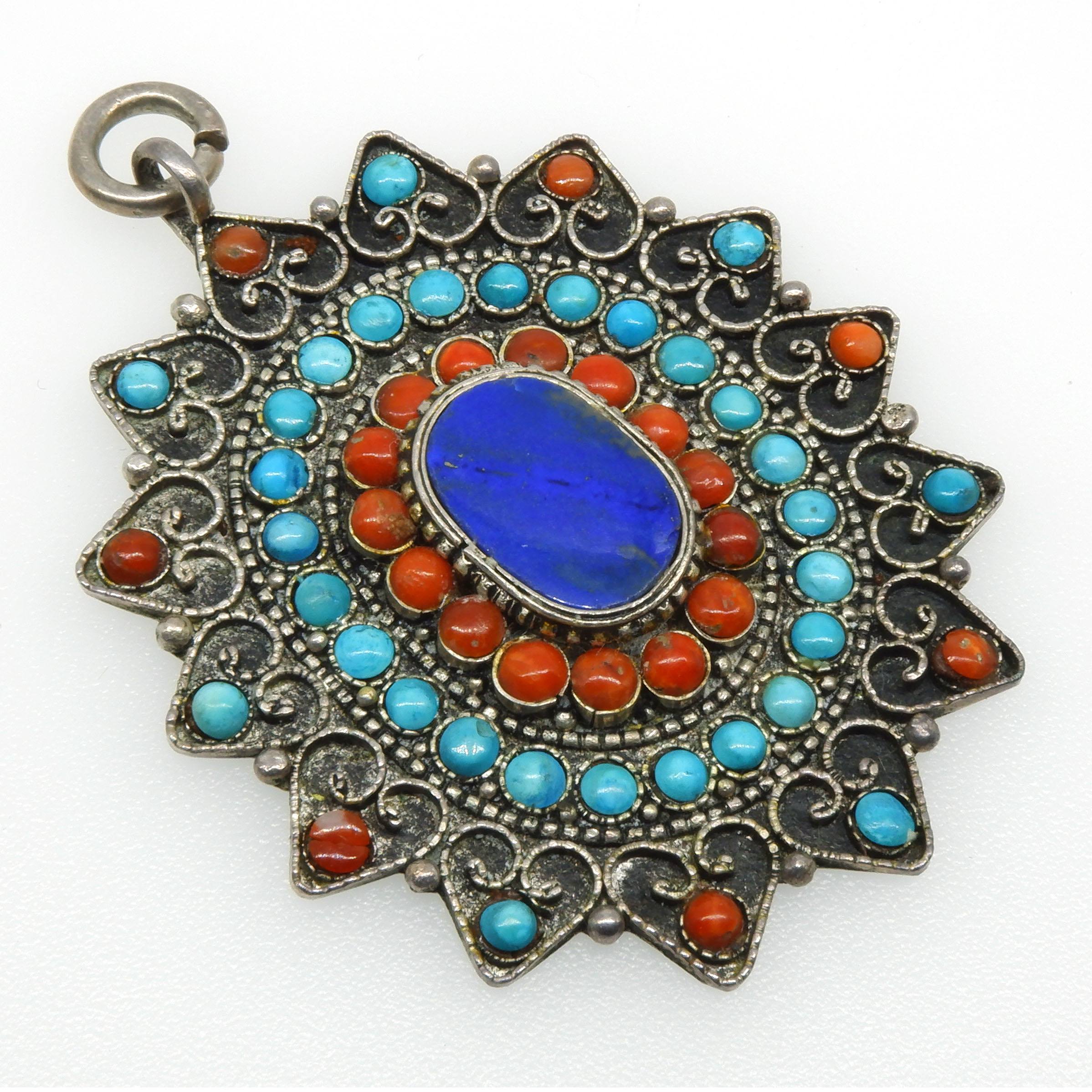 'Turkish Silver Filigree Pendant with Round Turquoise and Coral Cabochon and centre Oval Slab of Lapis Lazuli'