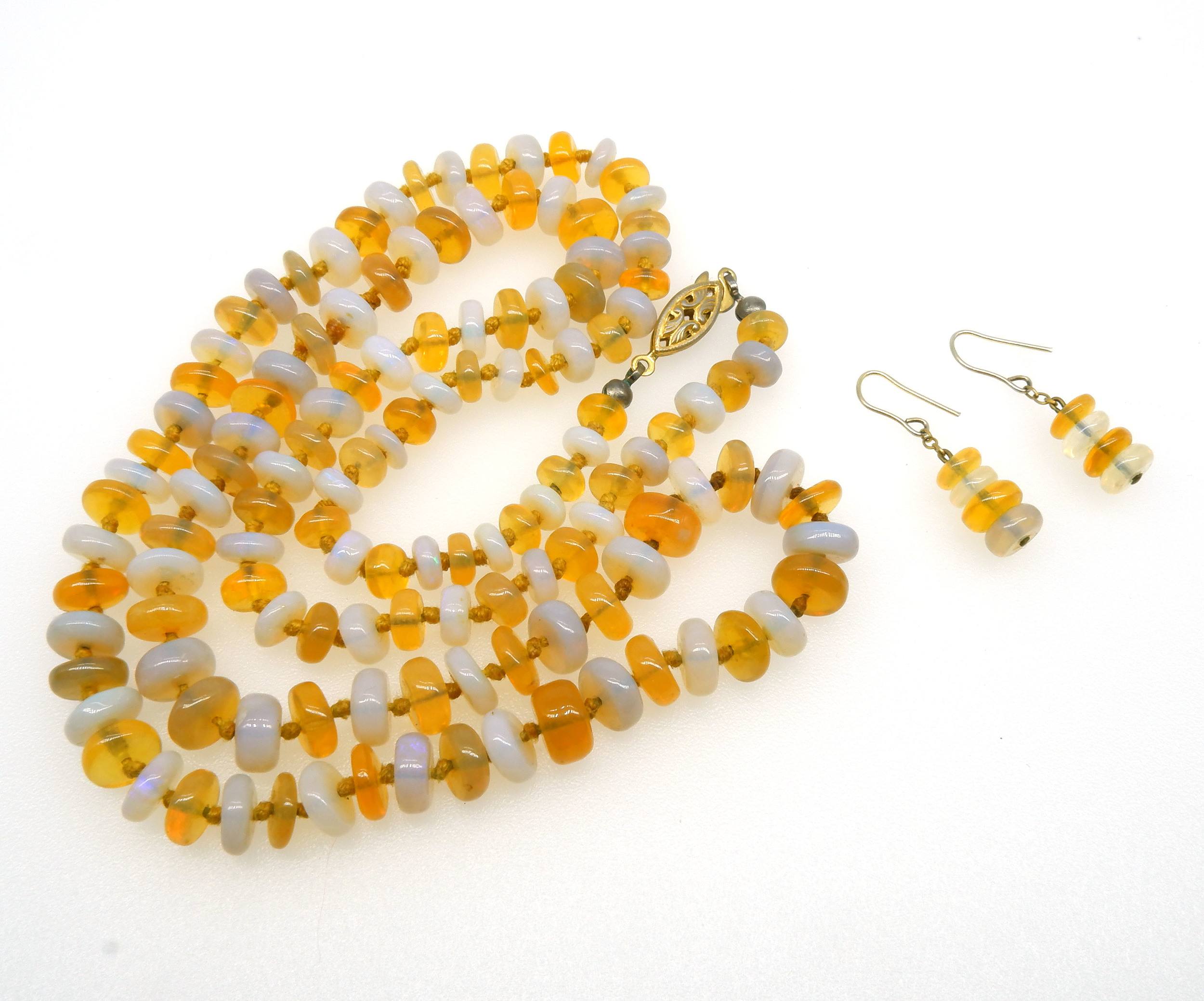 'Alternating White and Pale Yellow Opal Rondelles Necklace and Matching Earrings with Four Beads'