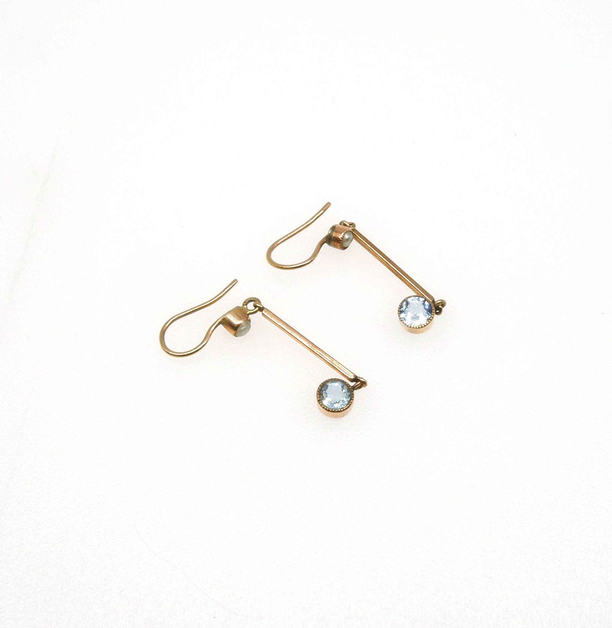 '9ct Red Gold Drop Earring with Round Facetted Aquamarine on the Bottom of a Long Bar Link and Bezel Set Half Seed Pearl on The Earrings Hooks'