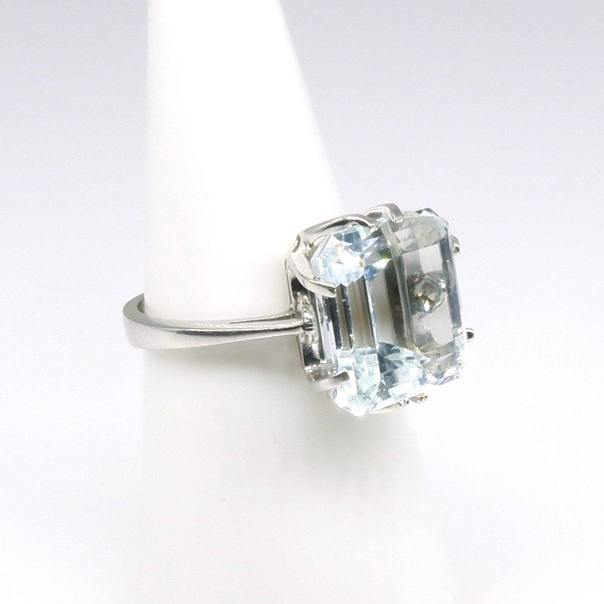'18ct White Gold and Square Emerald Cut Pale Aquamarine Ring'