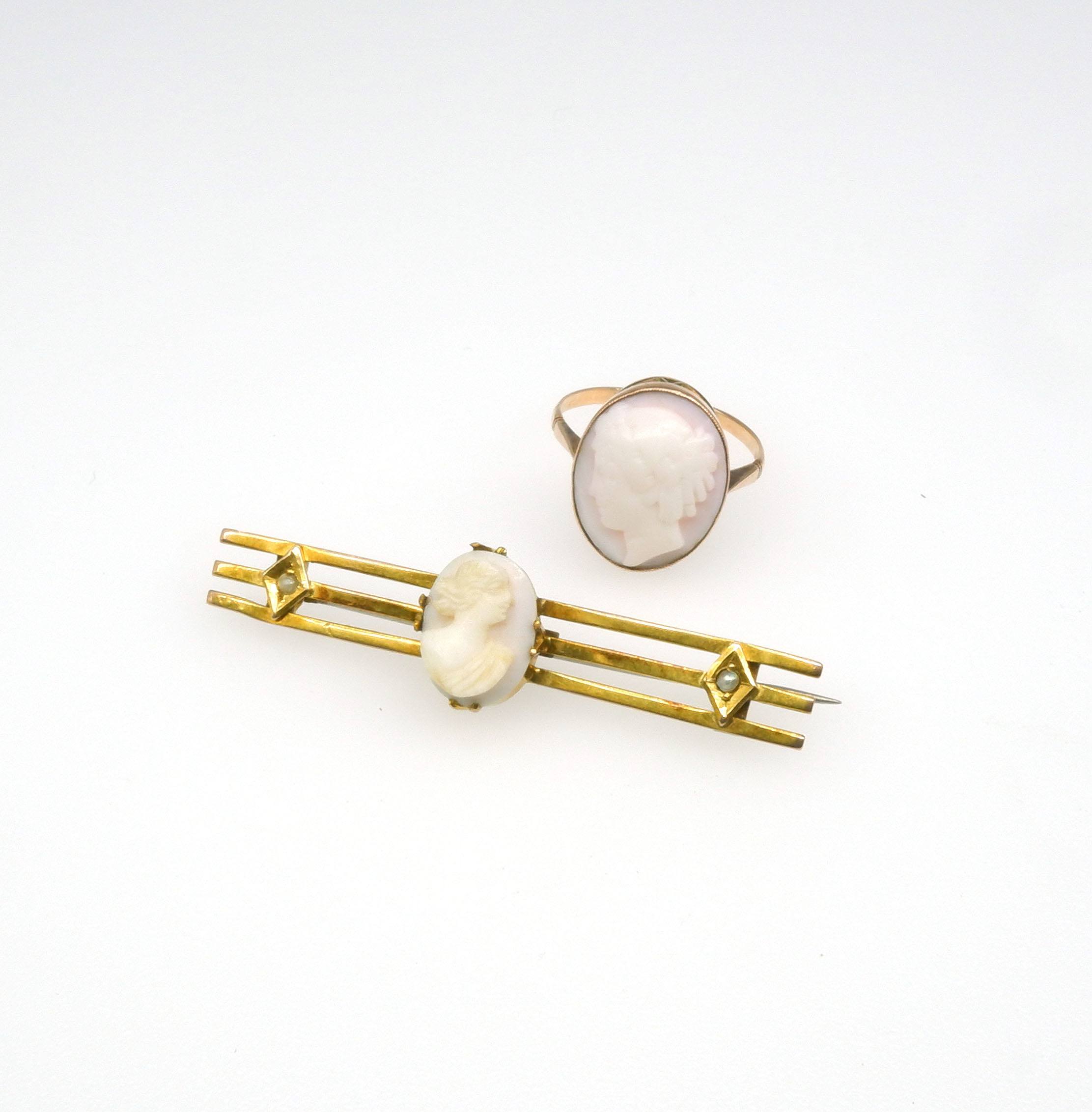 '9ct Yellow Gold Ring with Pale Pink Shell Ladies Head Cameo and 9ct Yellow Gold Triple Bar Brooch with White Cameo and Half Seed Pearls'