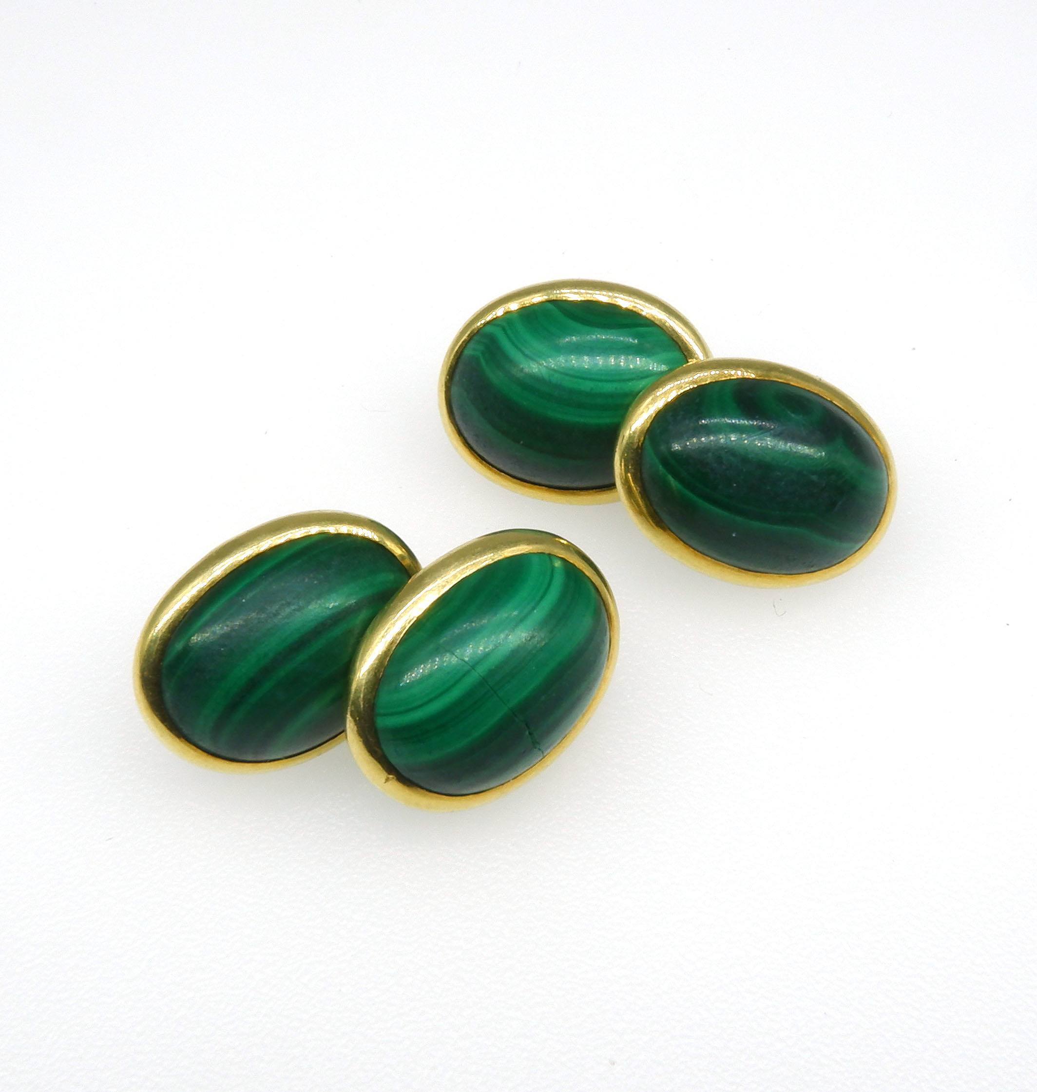 '14ct Yellow Gold Double Ended Cufflinks with Malachite Cabochons in Bezel Setting'