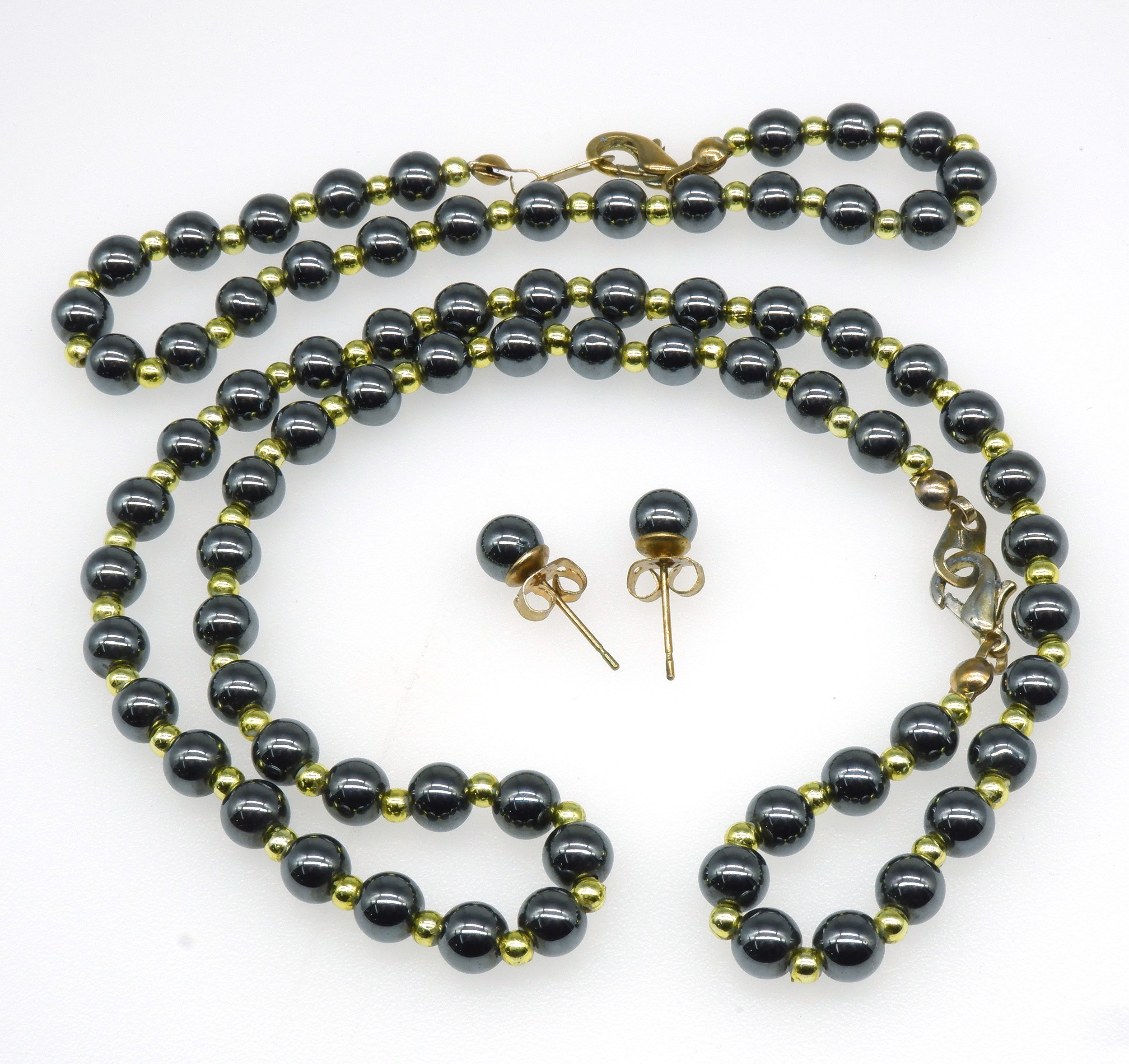 'Hematite Bead Necklace and Matching Bracelet and Earrings'