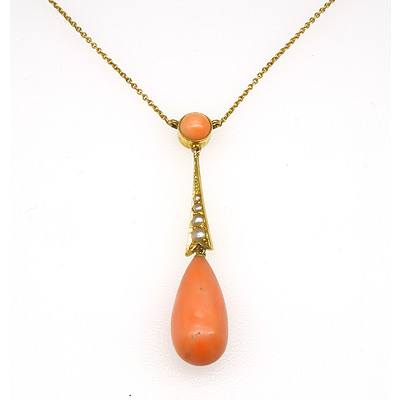 Antique 15ct Yellow Gold Fine Round Link Chain with at Centre Round Cabochon of Pink Coral with Dropped from it a Bar with Four Graduated Half Seed Pearls in Parve Setting and a Tear Drop Shaped Bead of Pink Coral Pinned at the Top