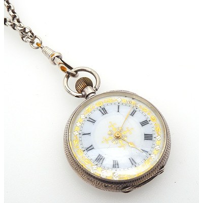 Silver (935) Ladies Swiss Open Hunter Pocket Watch with Engraved Back and Decorative Enamel Dial on Long Sterling Silver Belcher Chain