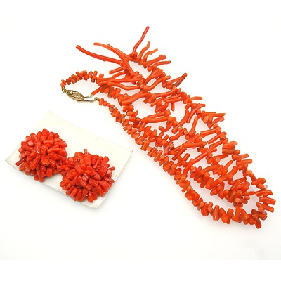 Natural Stick Coral Necklace and Earrings